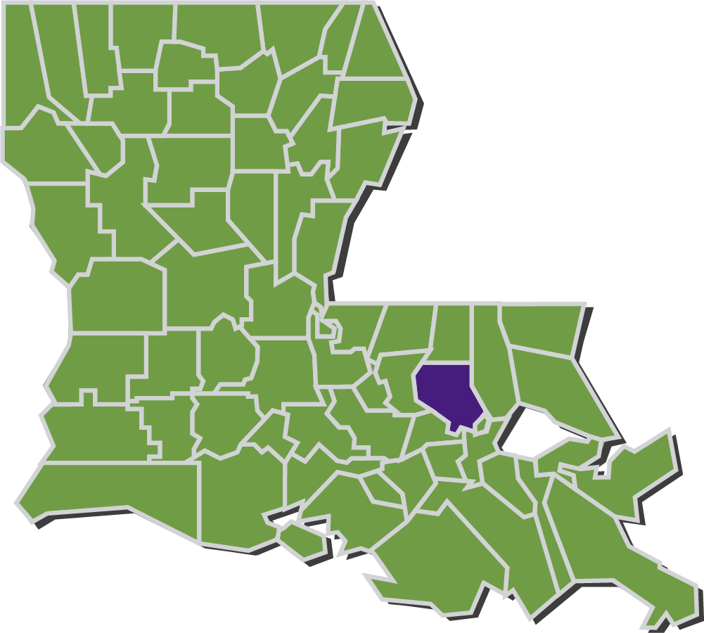 Map of Louisiana parishes with Livingston parish highlighted in purple.